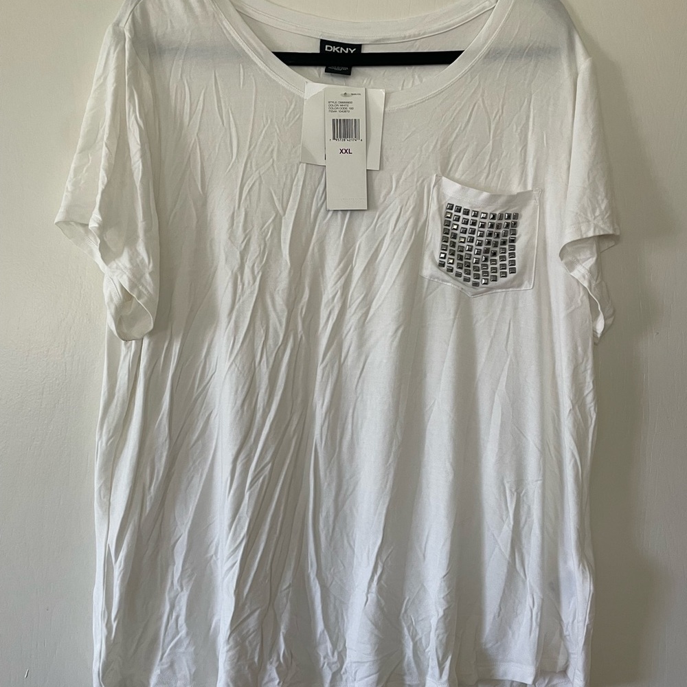 DKNY White T-Shirt with Studded Pocket